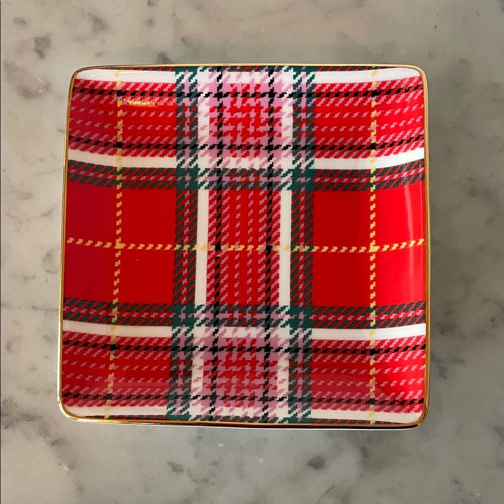 KATE SPADE by LENOX Christmas Plaid Square 5 3/4” Tray with Gold Trim